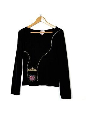 Pink Poodle Long Sleeved Fine Knit Sweater Top Womens size Small Black Beaded